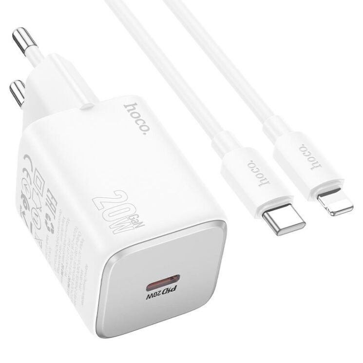 Сетевое зарядное устройство Hoco N40 Mighty 1C PD20W + кабель Type-C to Lightning - White: фото 1 из 5