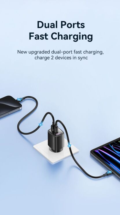 Мережевий зарядний пристрій USAMS US-CC229 GaN 30W (USB + Type-C) - Black: фото 7 з 16