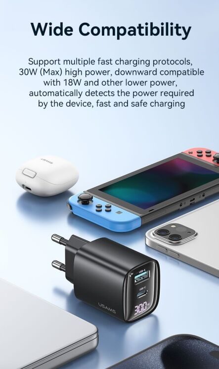 Мережевий зарядний пристрій USAMS US-CC229 GaN 30W (USB + Type-C) - Black: фото 9 з 16