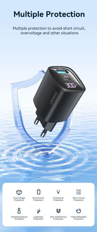 Мережевий зарядний пристрій USAMS US-CC229 GaN 30W (USB + Type-C) - Black: фото 13 з 16