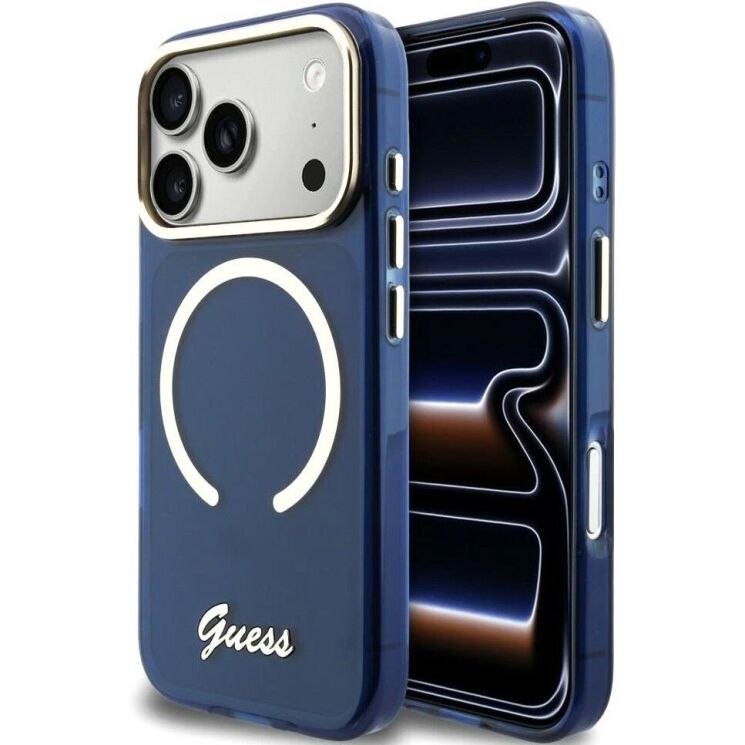 Защитный чехол Guess IML Script Metal MagSafe для iPhone 17 Pro Max (GUHMP17X5HTCSMSB) - Blue: фото 1 из 9