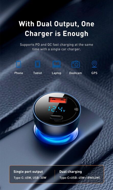 Автомобильное зарядное устройство BASEUS Dual Quick Charger (65W) CCKX-C0A - Silver: фото 10 из 17