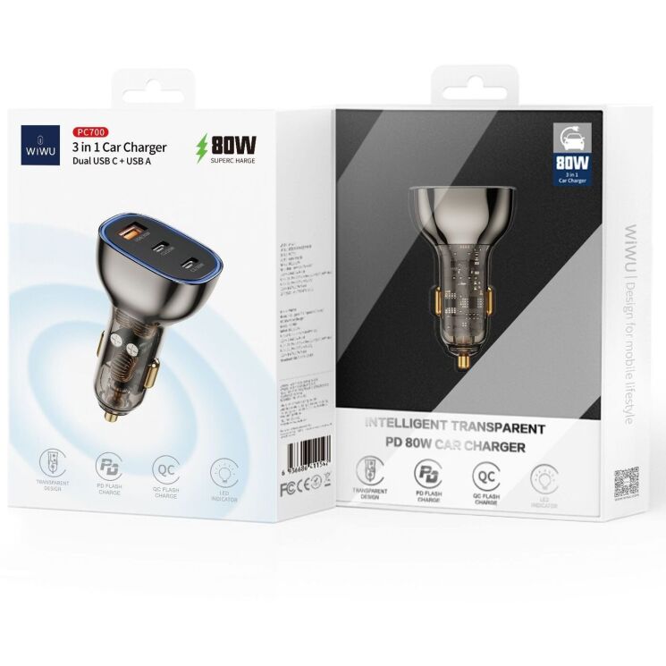 Автомобильное зарядное устройство WiWU PC700 PD80W + QC3.0 (2Type-C + USB) - Black: фото 6 из 13