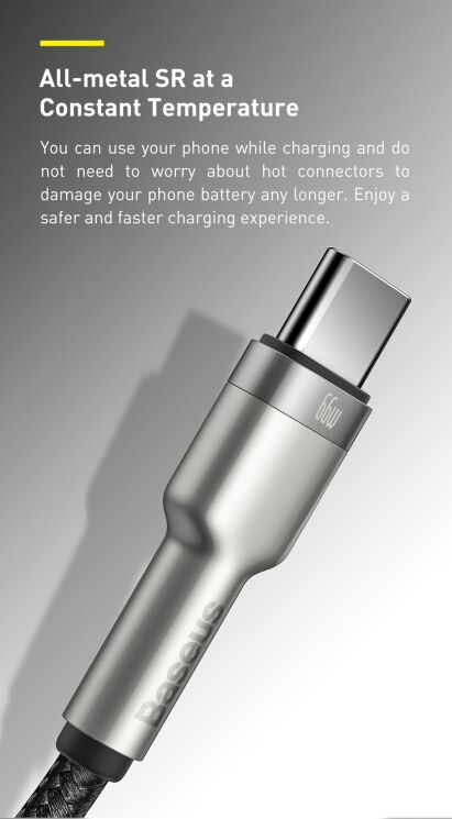 Кабель Baseus Cafule Metal USB to Type-C (66W, 0.25m) CAKF000001 - Black: фото 10 з 18