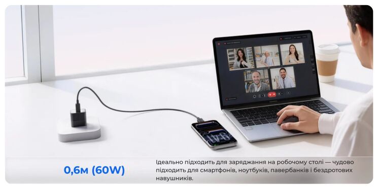 Кабель Sharge Type-C to Type-C (60W, 0.6m) - White: фото 6 з 8