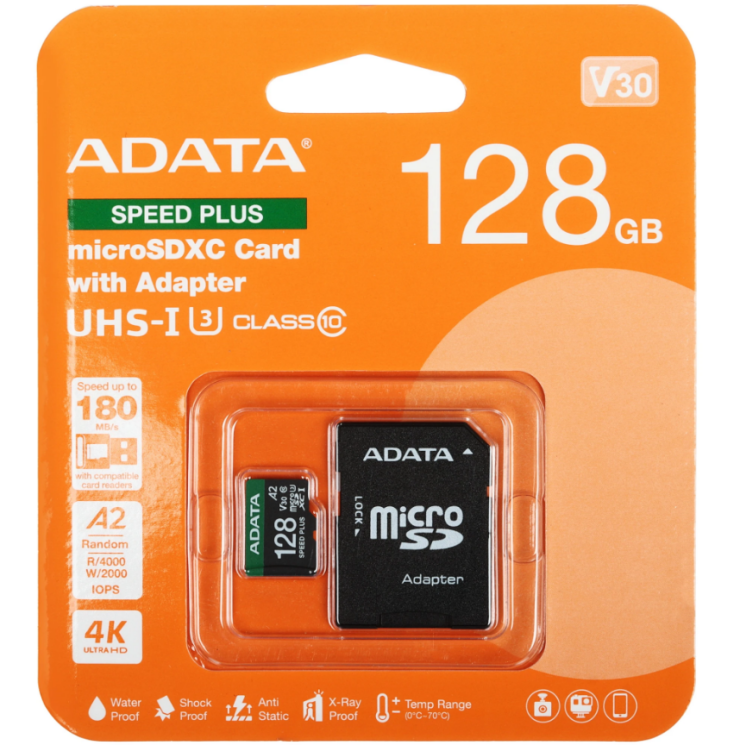 Картка пам&rsquo;яті microSDXC ADATA SPEED PLUS 128GB 10 class UHS-1 U3 R180 + адаптер (UD128GUI3V30A2SP-RA1) - Black: фото 1 з 2