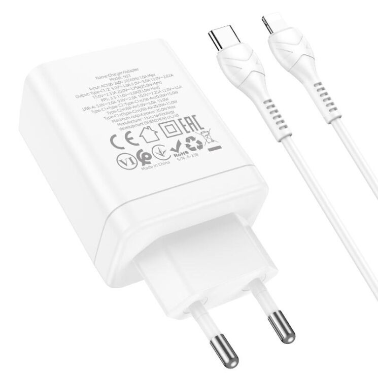 Сетевое зарядное устройство Hoco N33 PD35W + кабель Type-C to Lightning - White: фото 6 из 9