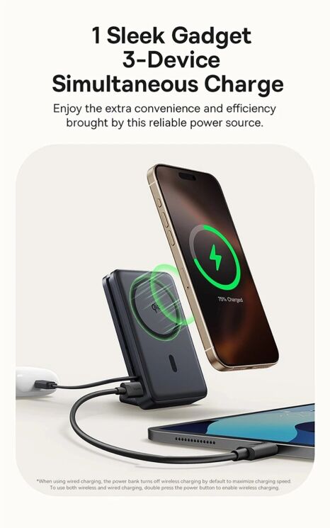 Зовнішній акумулятор Baseus Nomos Qi2 45W (10000mAh) + кабель Type-C (P10078800123-00) - Black: фото 10 з 20