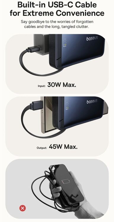 Зовнішній акумулятор Baseus Nomos Qi2 45W (10000mAh) + кабель Type-C (P10078800123-00) - Black: фото 9 з 20