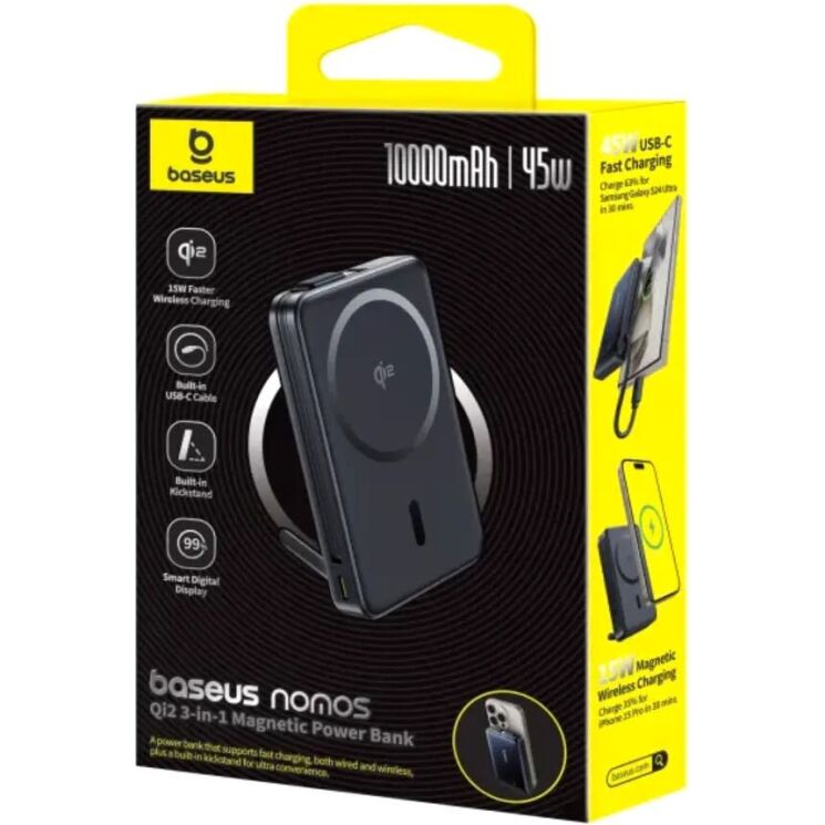 Зовнішній акумулятор Baseus Nomos Qi2 45W (10000mAh) + кабель Type-C (P10078800123-00) - Black: фото 7 з 20