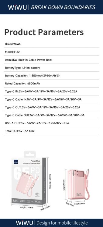 Внешний аккумулятор WiWU T132 65W (12000 mAh) + кабель Type-C - White: фото 7 из 7