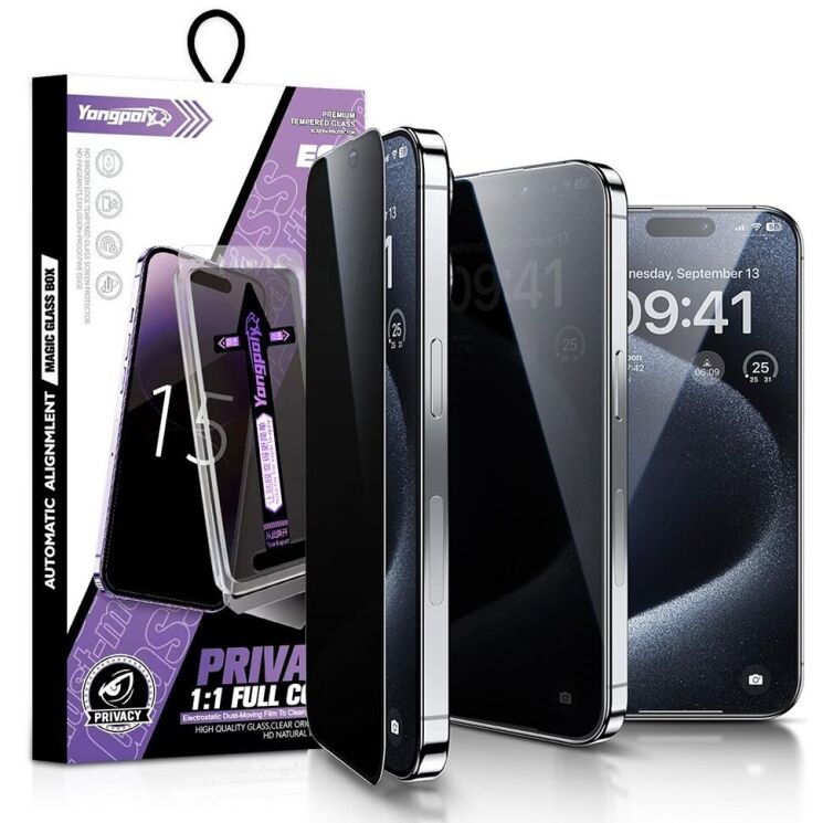 Защитное стекло YONGPOLY Privacy для Apple iPhone 16 Pro Max - Black: фото 2 из 10