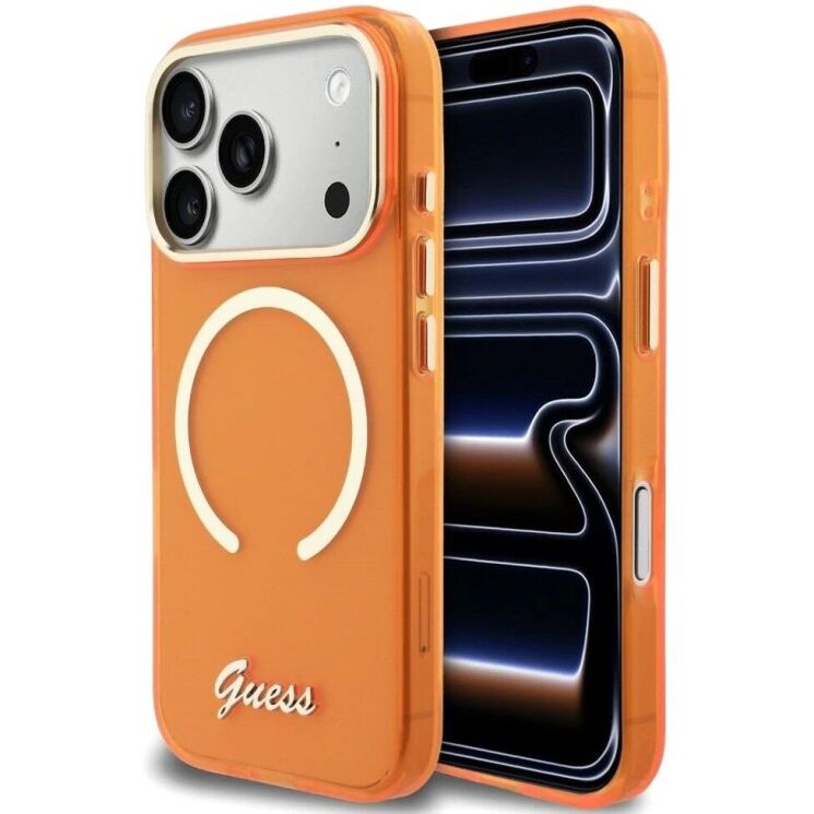 Защитный чехол Guess IML Script Metal MagSafe для iPhone 17 Pro Max (GUHMP17X5HTCSMSO) - Orange: фото 1 из 9