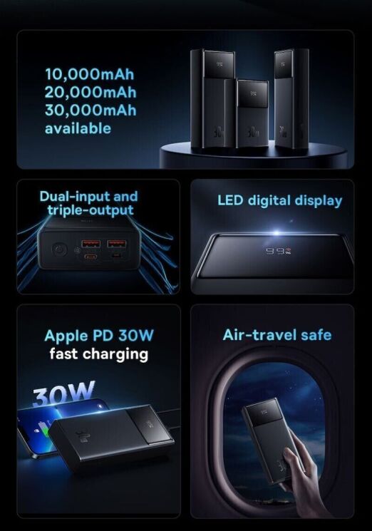 Внешний аккумулятор Baseus Star-Lord Digital Display 30W (30000mAh) P10022905113-00 - Black: фото 6 из 21