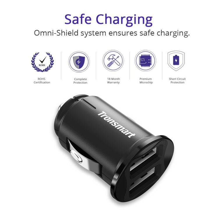 Автомобильное зарядное устройство Tronsmart C24 24W Dual USB Port: фото 6 из 8