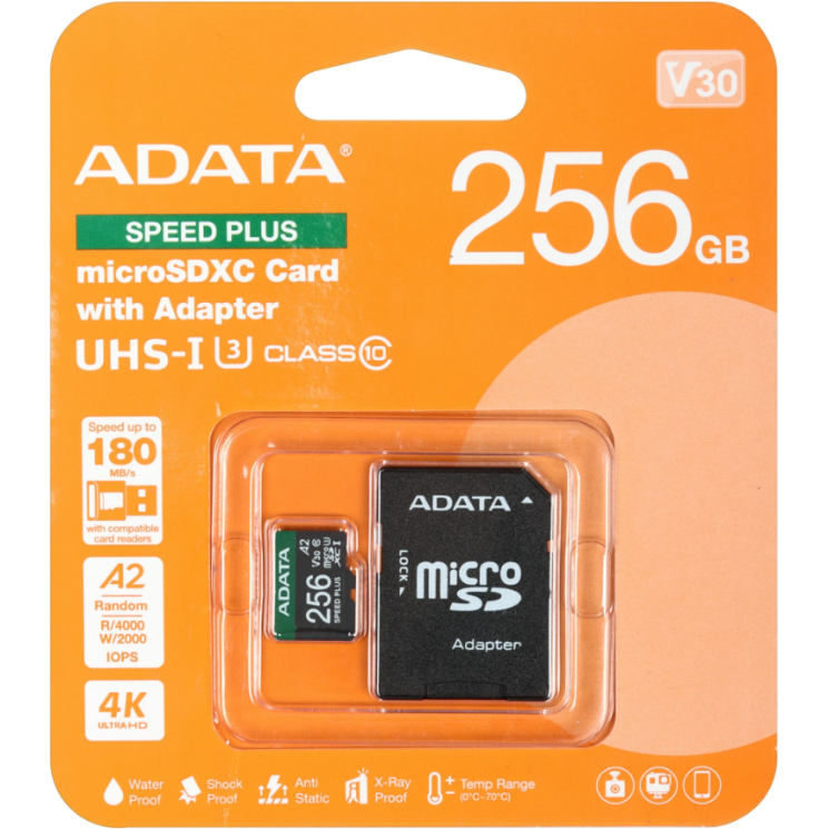 Картка пам&rsquo;яті microSDXC ADATA SPEED PLUS 256GB 10 class UHS-1 U3 R180 + адаптер (UD256GUI3V30A2SP-RA1) - Black: фото 1 з 2