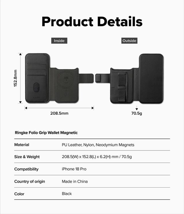 Накладной чехол-кошелек Ringke Folio Grip Wallet Magnetic для iPhone 18 Pro (8800380463431) - Black (423777B) Накладной чехол-кошелек Ringke Folio Grip Wallet Magnetic для iPhone 18 Pro (8800380463431) - Black: фото 14 из 14