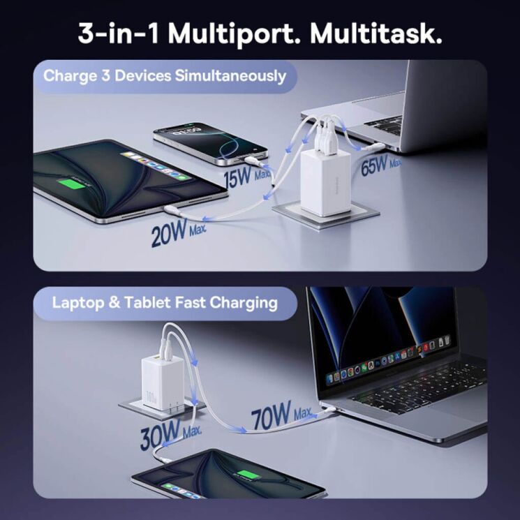 Мережевий зарядний пристрій Baseus EnerFill FE11 2C+U (100W) P10182102213-00 - White: фото 7 з 10