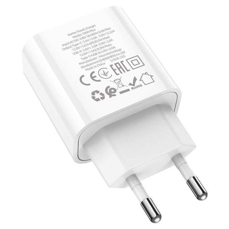 Сетевое зарядное устройство Hoco C80A Plus Rapido PD20W+QC3.0 + кабель Type-C to Lightning - White: фото 10 из 14