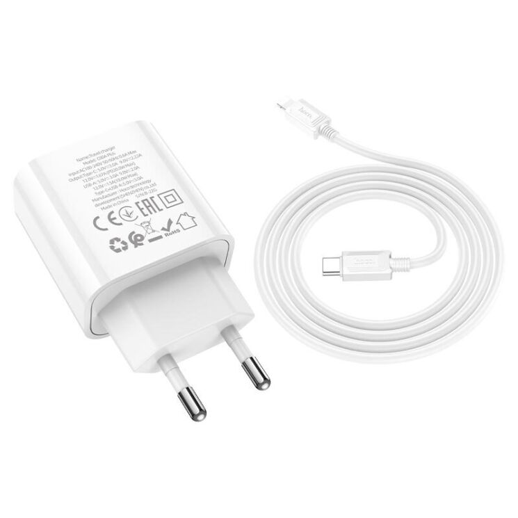 Сетевое зарядное устройство Hoco C80A Plus Rapido PD20W+QC3.0 + кабель Type-C to Lightning - White: фото 5 из 14