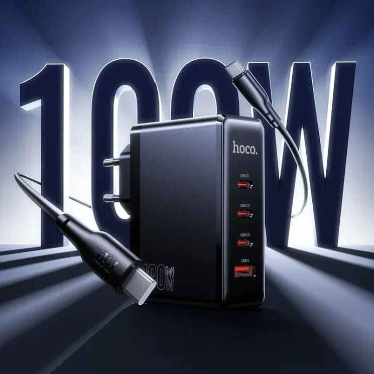Мережевий зарядний пристрій Hoco N85 GaN 100W (3Type-C + USB) - Black: фото 8 з 9