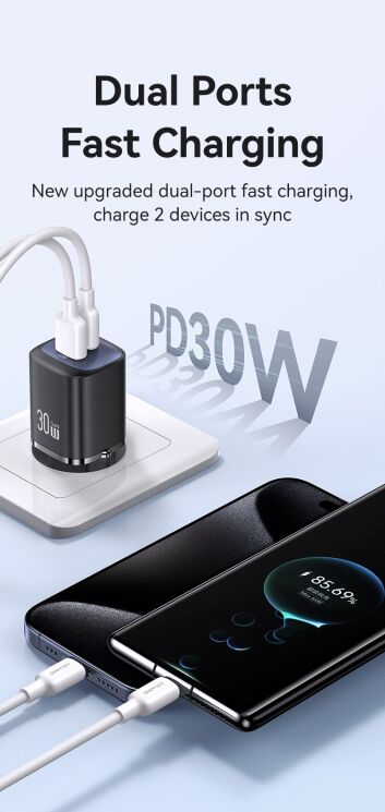 Сетевое зарядное устройство USAMS US-CC254 GaN 30W (USB + Type-C) - Black: фото 8 из 17