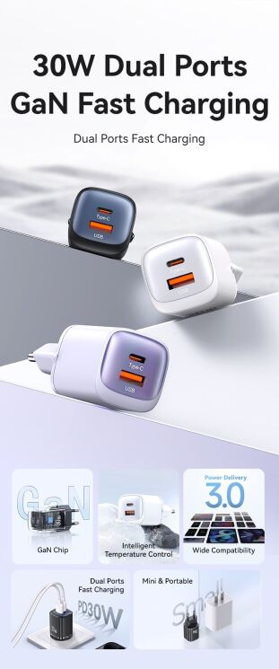 Сетевое зарядное устройство USAMS US-CC254 GaN 30W (USB + Type-C) - Black: фото 6 из 17