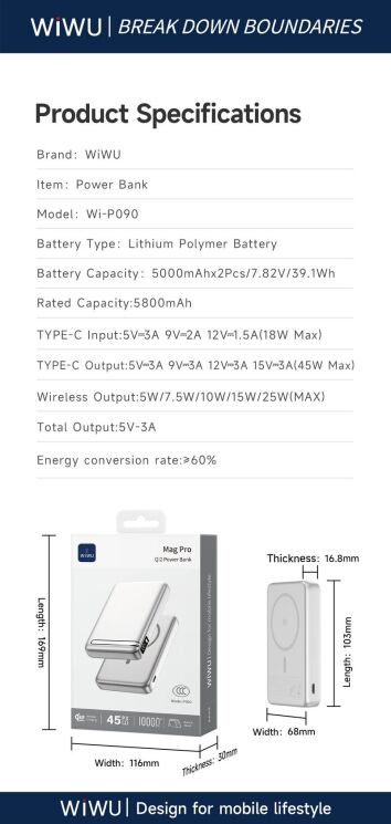 Внешний аккумулятор WiWU Wi-P090 45W (10000 mAh) - Silver: фото 11 из 11