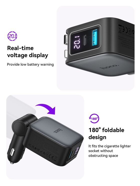 Автомобильное зарядное устройство Hoco Z67A Triunfar PD60W (USB + Type-C) + кабель Type-C to Lightning - Black (923416B) Автомобильное зарядное устройство Hoco Z67A Triunfar PD60W (USB + Type-C) + кабель Type-C to Lightning - Black: фото 13 из 16