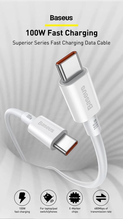 Кабель Baseus Superior Series Type-C to Type-C (100W, 2m) CATYS-C01 - Black: фото 6 з 23