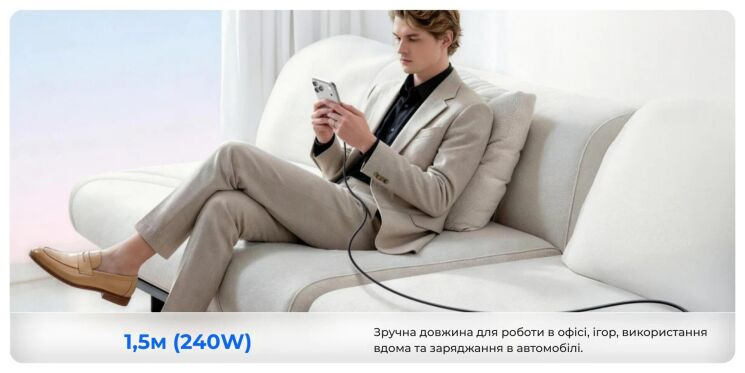 Кабель Sharge Type-C to Type-C (240W, 3m) - White (896491W) Кабель Sharge Type-C to Type-C (240W, 3m) - White: фото 8 из 10