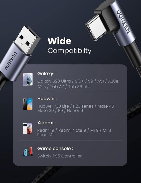 Кабель UGREEN US284 USB to Type-C (3A, 0.5m) - Black: фото 5 з 10