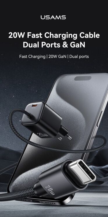 Мережевий зарядний пристрій USAMS US-CC261 GaN 20W (Type-C) + кабель Type-C - Black: фото 3 з 16