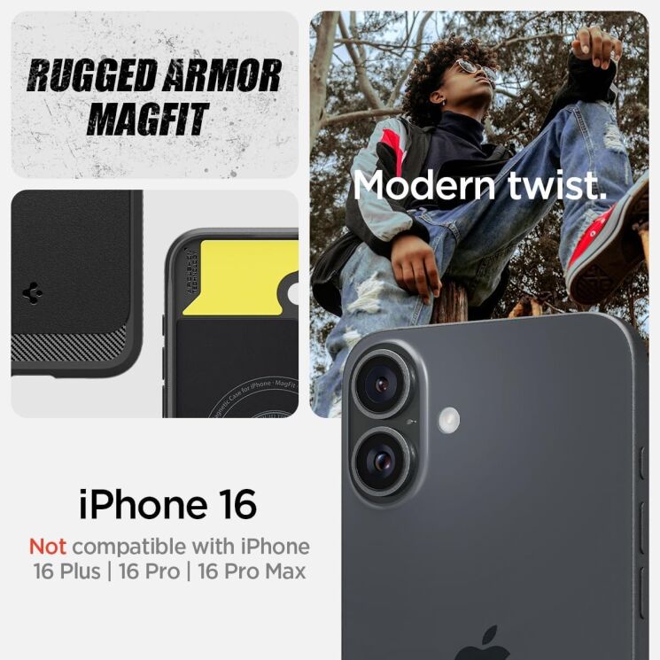 Защитный чехол Spigen (SGP) Rugged Armor (MagFit) для Apple iPhone 16 - Matte Black: фото 8 из 14
