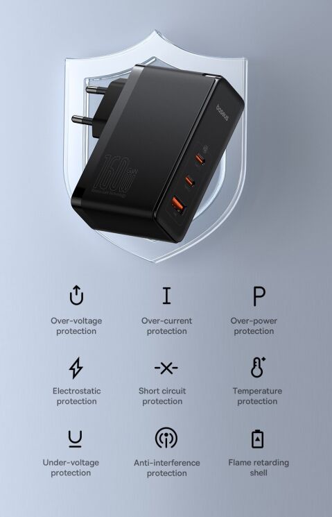 Сетевое зарядное устройство Baseus GaN5 Pro Fast Charger 2C+U 160W + кабель Type-C to Type-C (P10110825113-00) - Black: фото 15 из 21
