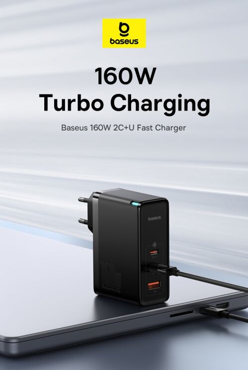 Сетевое зарядное устройство Baseus GaN5 Pro Fast Charger 2C+U 160W + кабель Type-C to Type-C (P10110825113-00) - Black: фото 4 из 21