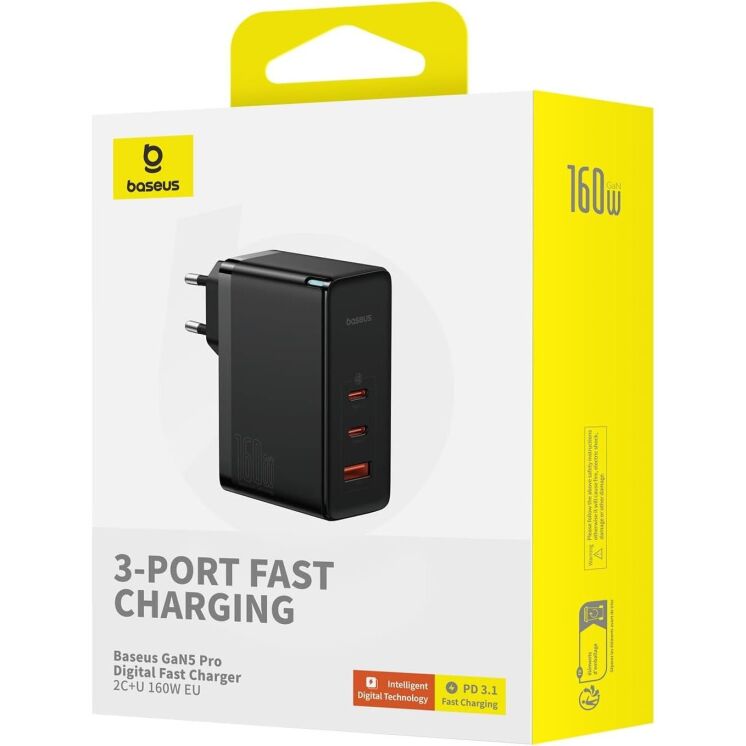 Сетевое зарядное устройство Baseus GaN5 Pro Fast Charger 2C+U 160W + кабель Type-C to Type-C (P10110825113-00) - Black: фото 3 из 21