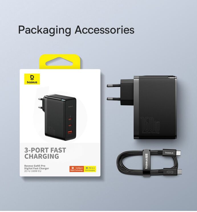 Сетевое зарядное устройство Baseus GaN5 Pro Fast Charger 2C+U 160W + кабель Type-C to Type-C (P10110825113-00) - Black: фото 20 из 21