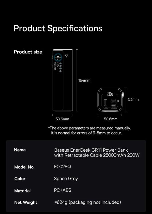 Внешний аккумулятор Baseus EnerGeek GR11 200W (25000mAh) + кабель Type-C - Grey (995800H) Внешний аккумулятор Baseus EnerGeek GR11 200W (25000mAh) + кабель Type-C - Grey: фото 24 из 27
