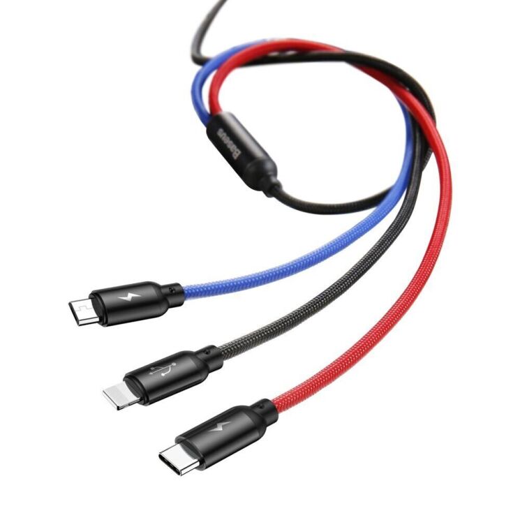 Кабель Baseus Three Primary Colors 3-in-1 USB to Lightning + Micro + Type-C (3.5A, 30cm) CAMLT-ASY01 - Black: фото 3 з 21