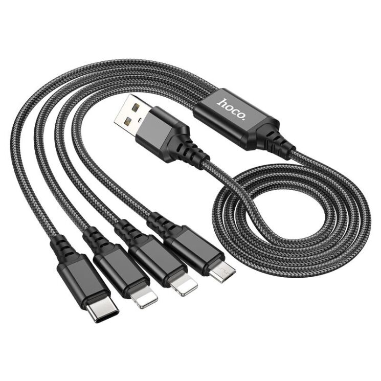 Кабель Hoco X76 4 в 1 USB to Lightning+Lightning+Type-C+MicroUSB (1m) - Black: фото 1 из 8