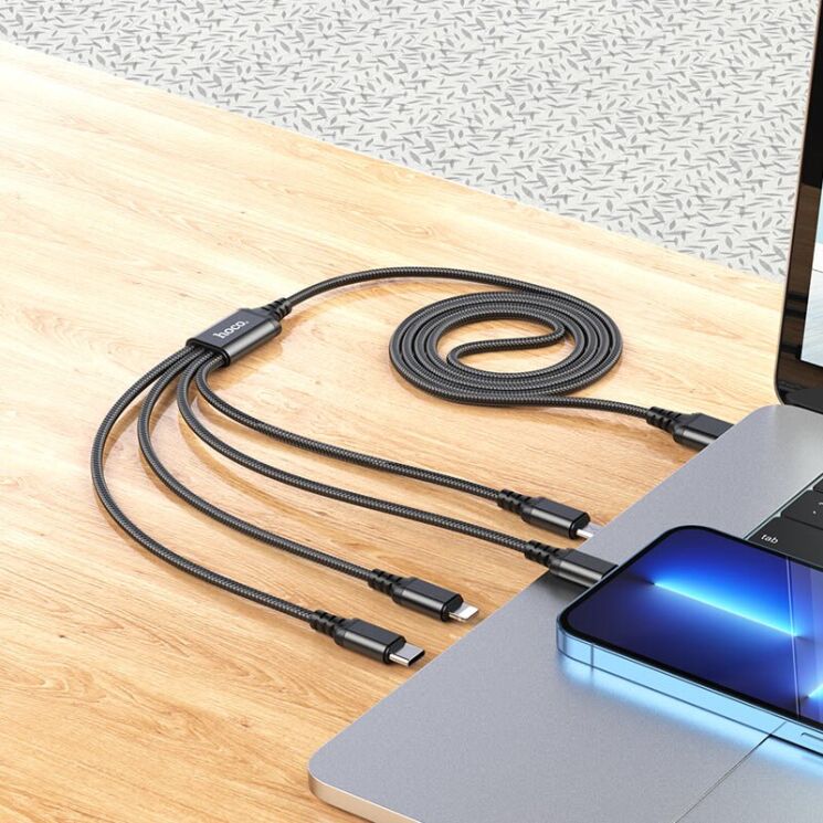 Кабель Hoco X76 4 в 1 USB to Lightning+Lightning+Type-C+MicroUSB (1m) - Black: фото 6 из 8