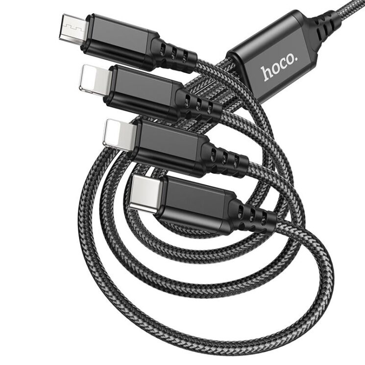 Кабель Hoco X76 4 в 1 USB to Lightning+Lightning+Type-C+MicroUSB (1m) - Black: фото 2 из 8