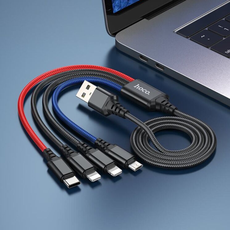 Кабель Hoco X76 4 в 1 USB to Lightning+Lightning+Type-C+MicroUSB (1m) - Black: фото 7 из 8