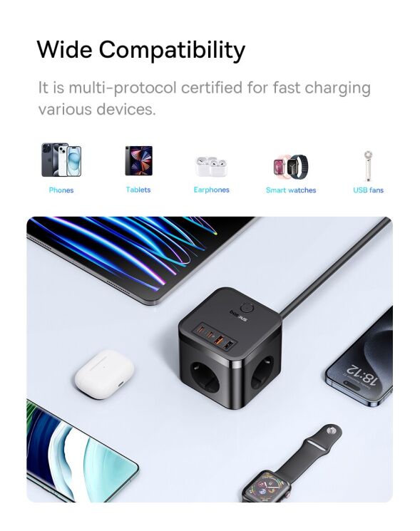Сетевое зарядное устройство Baseus PowerCombo Cube 7-Ports Power Strip (30W) E00066400117-00 - Black: фото 14 из 19
