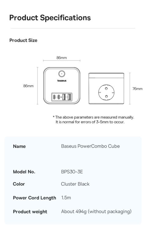 Сетевое зарядное устройство Baseus PowerCombo Cube 7-Ports Power Strip (30W) E00066400117-00 - Black: фото 16 из 19