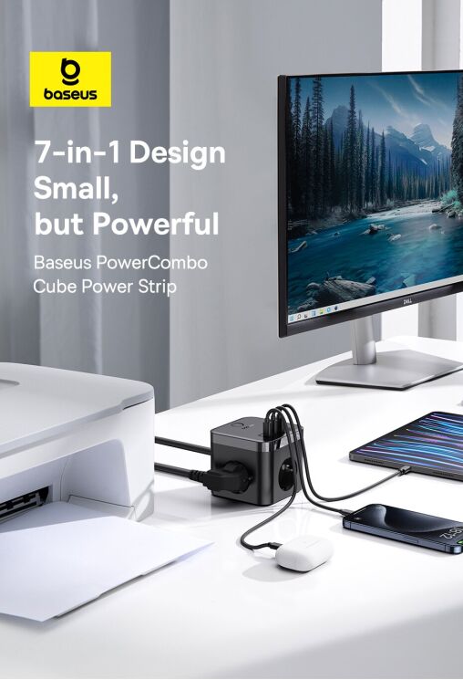Сетевое зарядное устройство Baseus PowerCombo Cube 7-Ports Power Strip (30W) E00066400117-00 - Black: фото 9 из 19