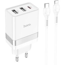 Сетевое зарядное устройство Hoco N21 Pro 2U+C (30W) + кабель Type-C to Lightning - White: фото 1 из 9