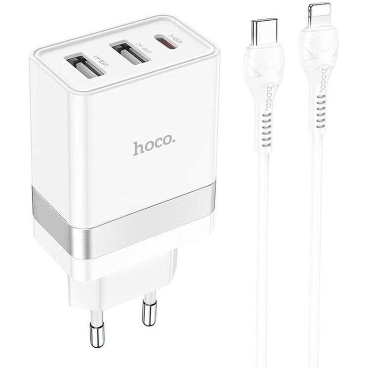 Сетевое зарядное устройство Hoco N21 Pro 2U+C (30W) + кабель Type-C to Lightning - White: фото 1 из 9