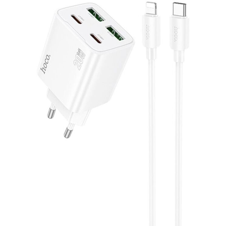 Сетевое зарядное устройство Hoco N55 20W 2C+2U + кабель Type-C to Lightning - White: фото 1 из 6